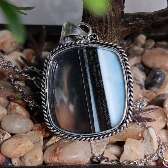 Striped Blue Owyhee Opal Pendant Necklace with Stainless Steel 22" Chain - Picture 2 of 2